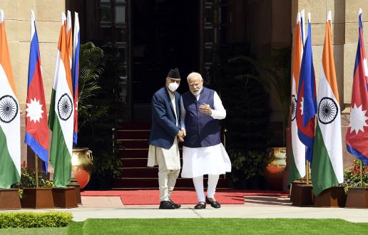 Prime Minister Narendra Modi with his Nepalese counterpart Sher Bahadur Deuba arrives at Hyderabad House, in New Delhi on Saturday.