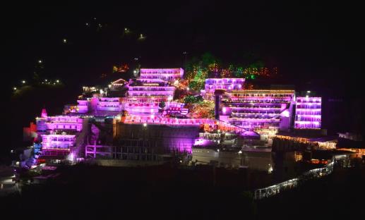 Illuminated view of Shri Mata Vaishno Devi Bhawan captured on first Navratra.