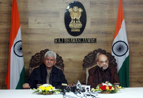 Home Minister Amit Shah addressing a joint press conference with Lieutenant Governor Manoj Sinha, in Jammu on Friday.