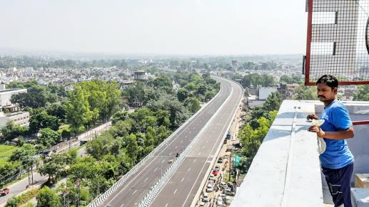 Flyover on the Jammu-Akhnoor highway ahead of its inauguration, in Jammu, on Monday.
