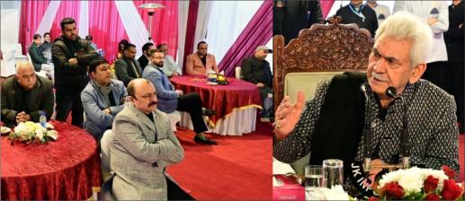 Lt Gov Manoj Sinha holds interaction with media persons at Raj Bhawan in Jammu on Friday.