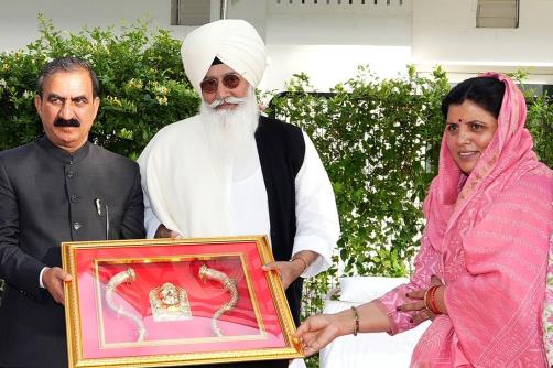 Himachal Pradesh CM Sukhvinder Singh Sukhu meets Radha Soami Satsang Beas chief Baba Gurinder Singh Dhillon ji, in Shimla on Saturday.